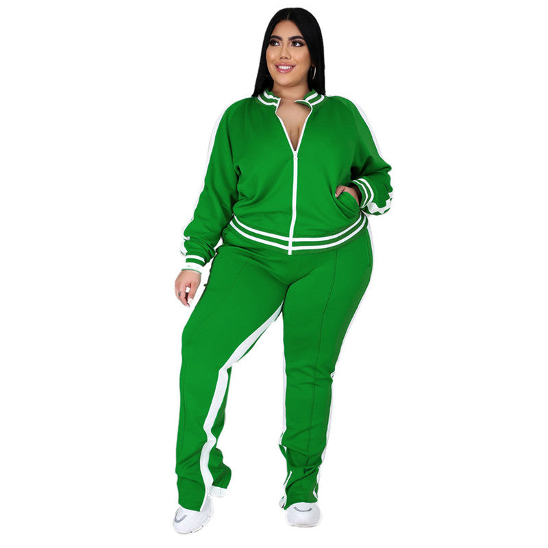 Conjunto de top y pantalón deportivo informal de talla grande para mujer, de manga larga, con cremallera y bloques de color