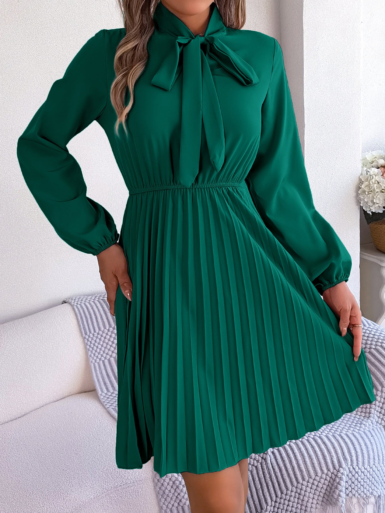 Vestido plisado informal de manga larga con cintura definida y cordones para mujer