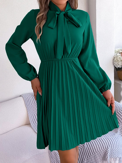 Vestido plisado informal de manga larga con cintura definida y cordones para mujer