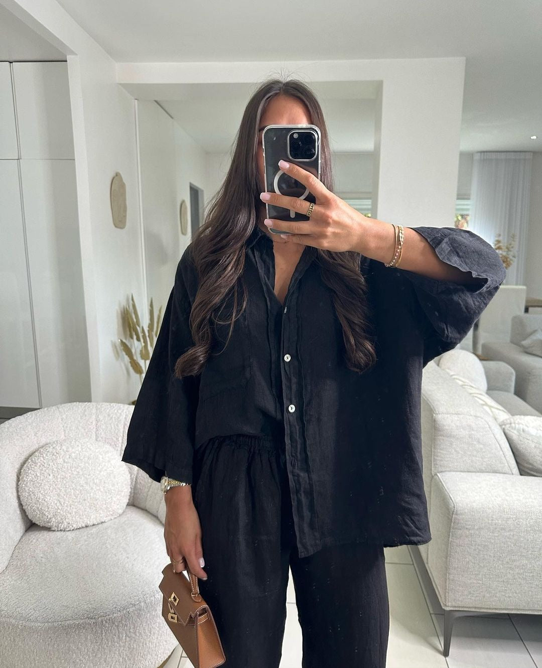 Conjunto de dos piezas formado por camisa y pantalón de lino y algodón, manga larga, solapa, color liso, informal, para mujer, verano