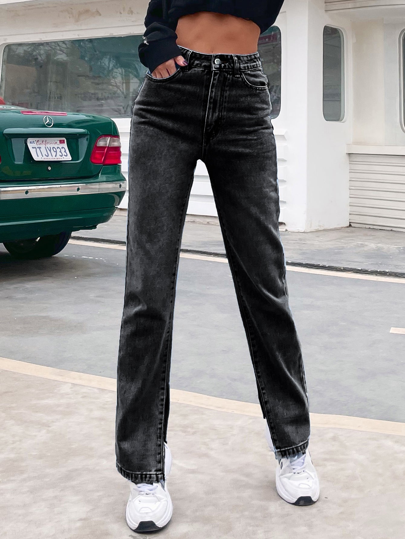 Women Fashion Casual High Waist Denim Trousers Spring Summer Side-Slit Basic Solid Straight Jeans