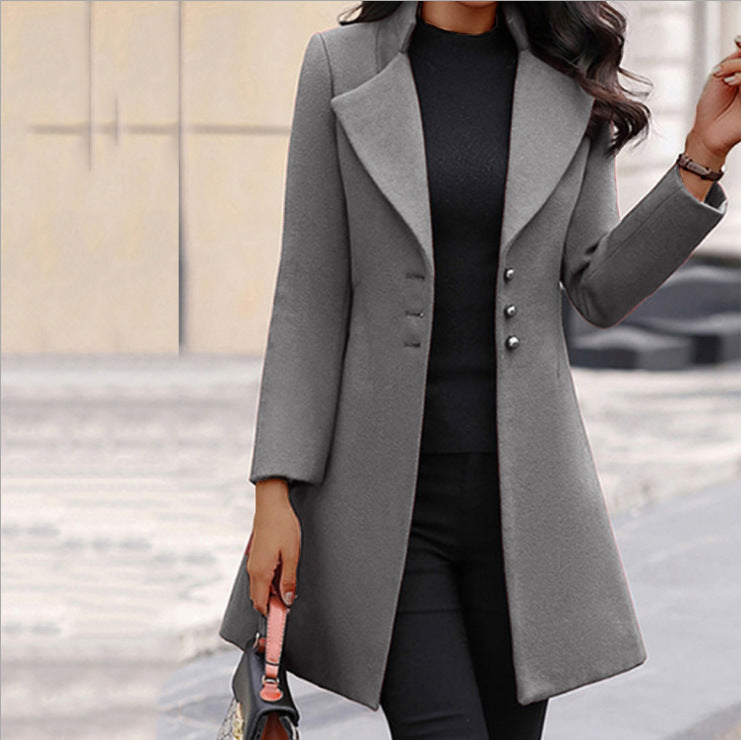Autumn Winter Women Fashion Casual Solid Color Lapel Woolen Mid-Length Long Sleeve Blazers