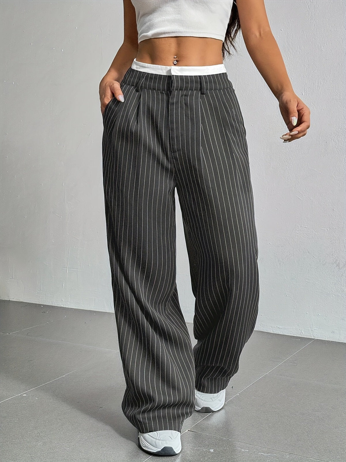 Women Casual Solid Color Stripe High Waist Loose Pants
