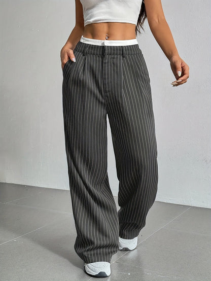 Women Casual Solid Color Stripe High Waist Loose Pants