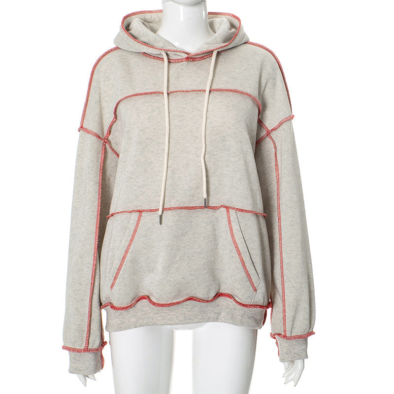 Women Fashion Casual Drawstring Loose Lock Edge Long Sleeve Hoodies