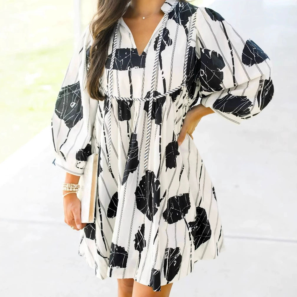 Vestido informal de manga larga con cuello en V y estampado floral para mujer