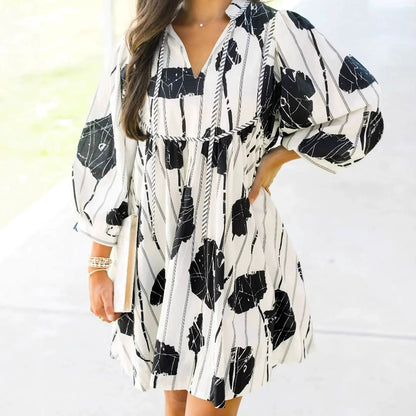 Vestido informal de manga larga con cuello en V y estampado floral para mujer