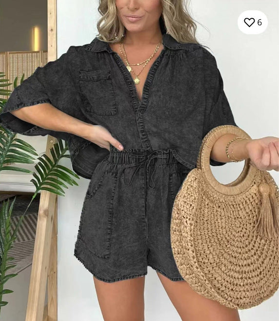 Conjunto de dos piezas de pantalones cortos casuales, holgados y cómodos para mujer