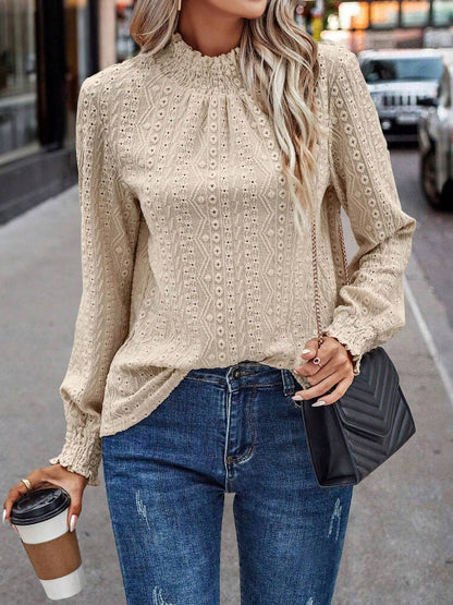 Camisa informal de manga larga con cuello redondo y jacquard para mujer