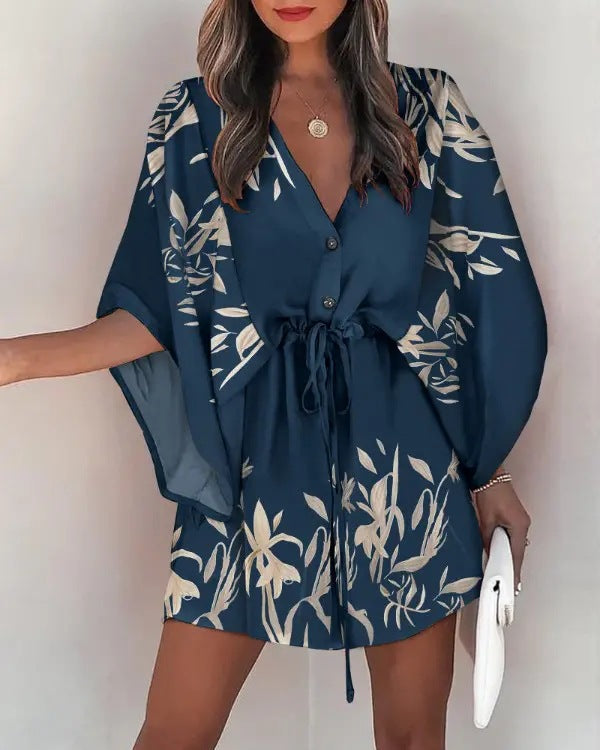 Women Elegant Bohemian Summer Short Sleeves V Neck Casual Bandage Holiday Dress