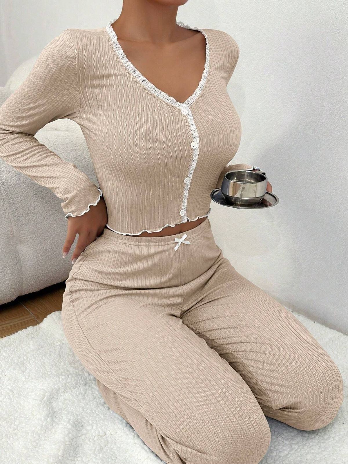 Pijama informal de encaje de color liso para mujer, ropa larga