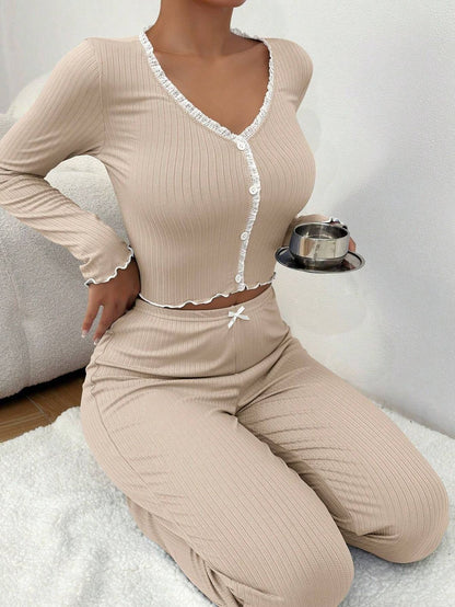 Pijama informal de encaje de color liso para mujer, ropa larga