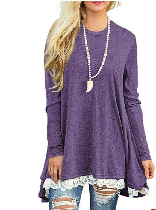 Vestido informal de manga larga con encaje de color liso para mujer