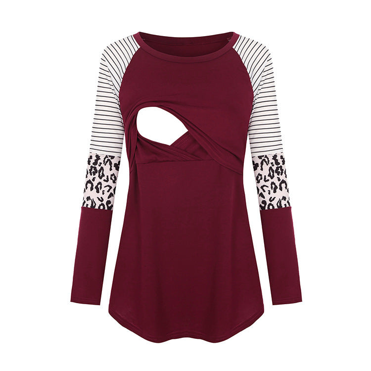 Camiseta de lactancia materna de manga larga con cuello redondo y estampado de rayas de leopardo para embarazadas