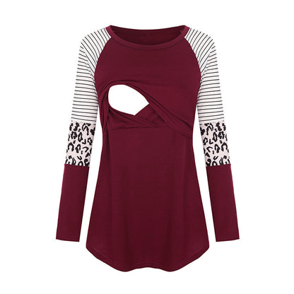 Camiseta de lactancia materna de manga larga con cuello redondo y estampado de rayas de leopardo para embarazadas