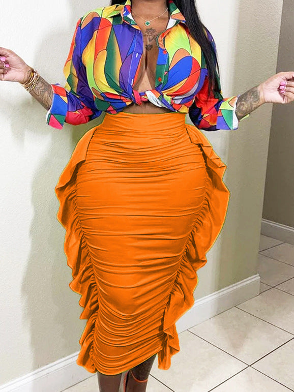 Women Fashion Casual Solid Color Skinny Ruffle Skirt