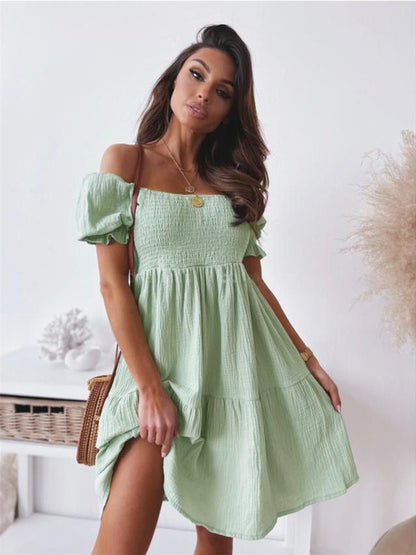 Women Casual Solid Color Short Sleeve Tight Waist Pleated Dress