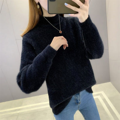 Suéter de felpa grueso y suelto con cuello medio alto de color liso informal a la moda para mujer