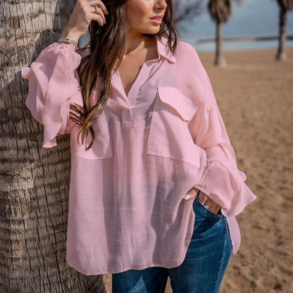 Blusa informal de algodón y lino de color liso con cuello en V y manga larga para mujer