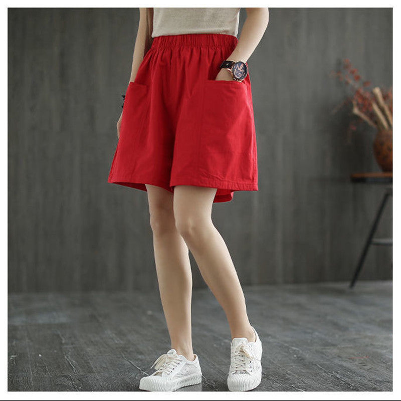 Women Fashion Casual Solid Color Elastic-Waist Wide Leg Shorts