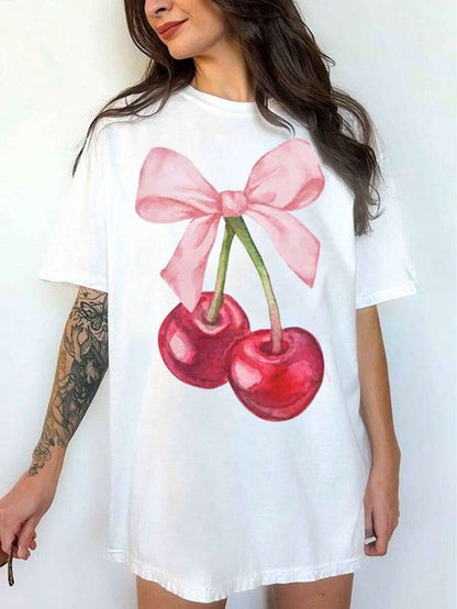 Camiseta informal de manga corta con cuello redondo y estampado para mujer