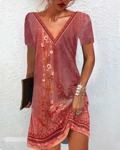 Women'S Retro Print Casual V-Neck Short Sleeve Dress