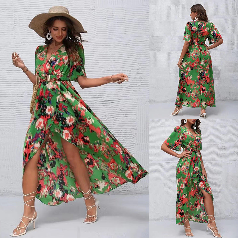 Vestido largo de verano para mujer, informal, para vacaciones, playa, manga corta, cuello en V, estampado floral