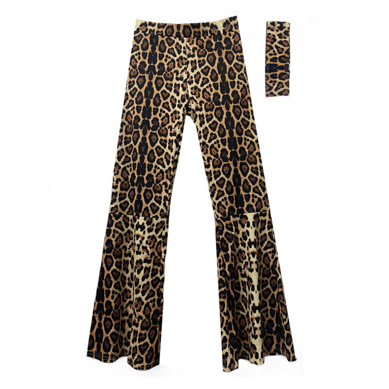 Women Fashion Casual Leopard Floral Printed Wide Leg Pants With Headband