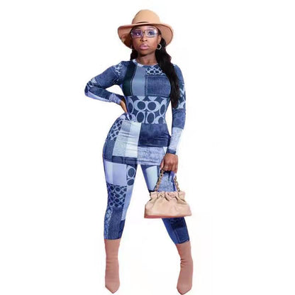 Conjunto de dos piezas con top ajustado de manga larga y estampado geométrico informal a la moda para mujer