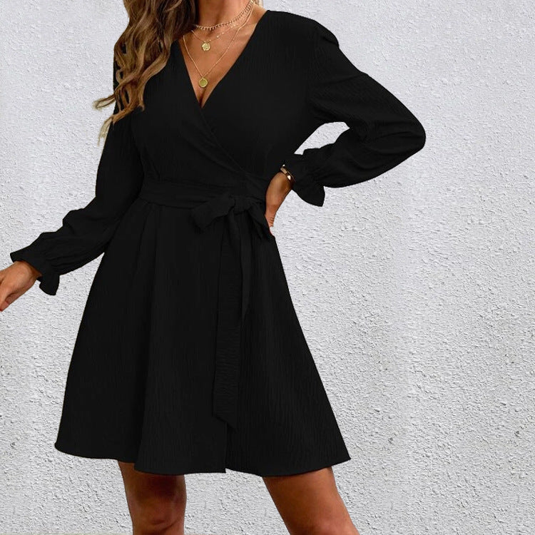 Women Casual Solid Color Slit V Neck Sash Long Sleeve Wrap Dress