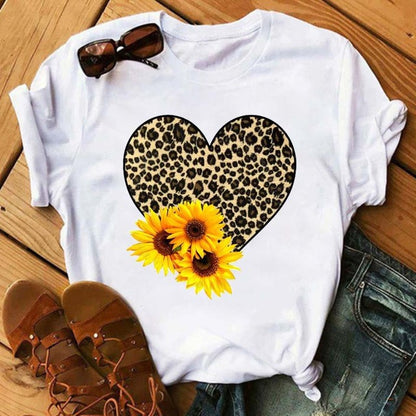 Camiseta informal de manga corta con estampado gráfico y cuello redondo para mujer
