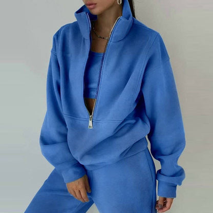Women Winter Sports Casual Oversized Half Zipper Solid Color Long Sleeves Top And Sweatpants Set