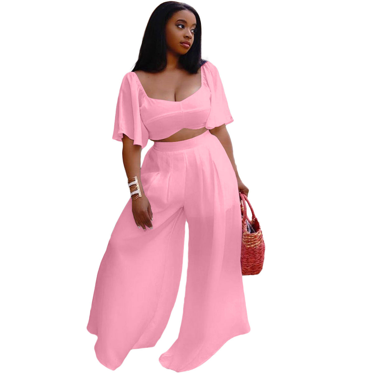 Conjunto de top corto de manga corta y pantalones anchos para mujer, elegante e informal, de color liso, con ropa interior