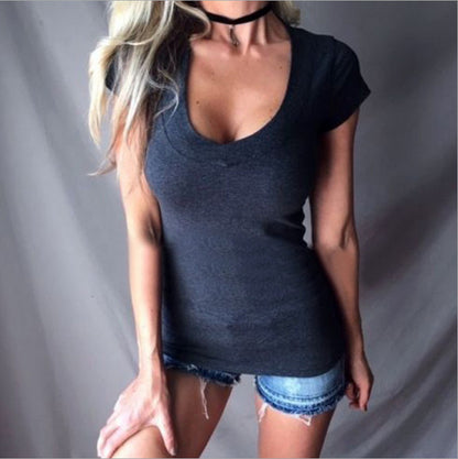 Camiseta informal de manga corta con cuello en V y color liso para mujer