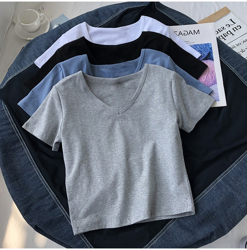 Camiseta básica informal de manga corta con cuello en V y color liso para mujer