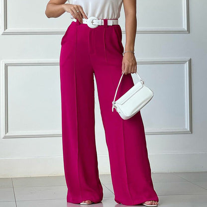 Women Solid Color Office Spring And Summer Solid Color Loose Pleated Wide Leg Casual Pants