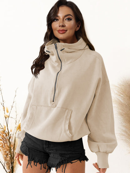 Sudadera informal de cuello alto con cremallera y color liso para mujer