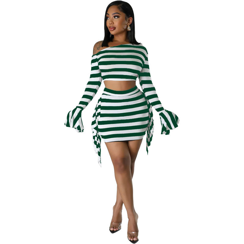 Women Fashion Casual Stripe Boat Neck Long Sleeve Crop Top Skirt Set