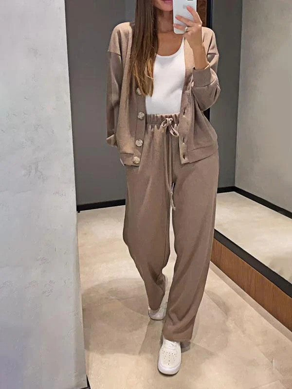 Conjunto de dos piezas formado por chaqueta, pantalón y cárdigan de manga larga, informal, color liso, para mujer