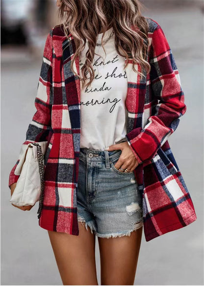 Chaqueta de punto de manga larga con bolsillo y estampado a cuadros holgado e informal de invierno para mujer