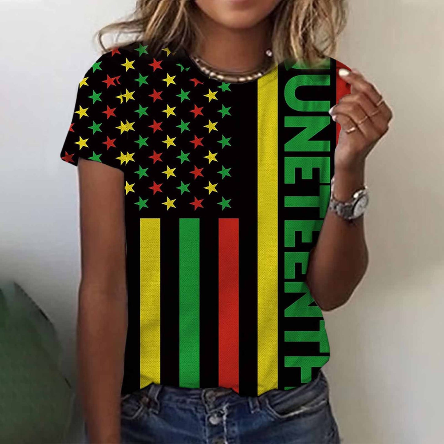 Camiseta informal de manga corta con estampado de letras Juneteenth para mujer