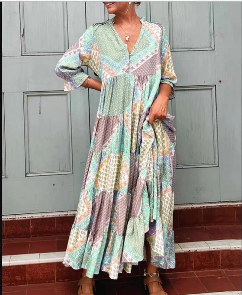 Summer Women Fashion Casual V-Neck Geometric Print Long Sleeve Maxi Dress