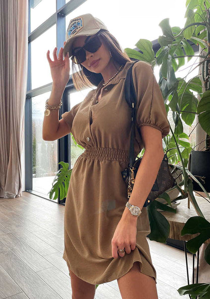 Vestido informal de manga corta con solapa y botonadura sencilla de color liso para mujer