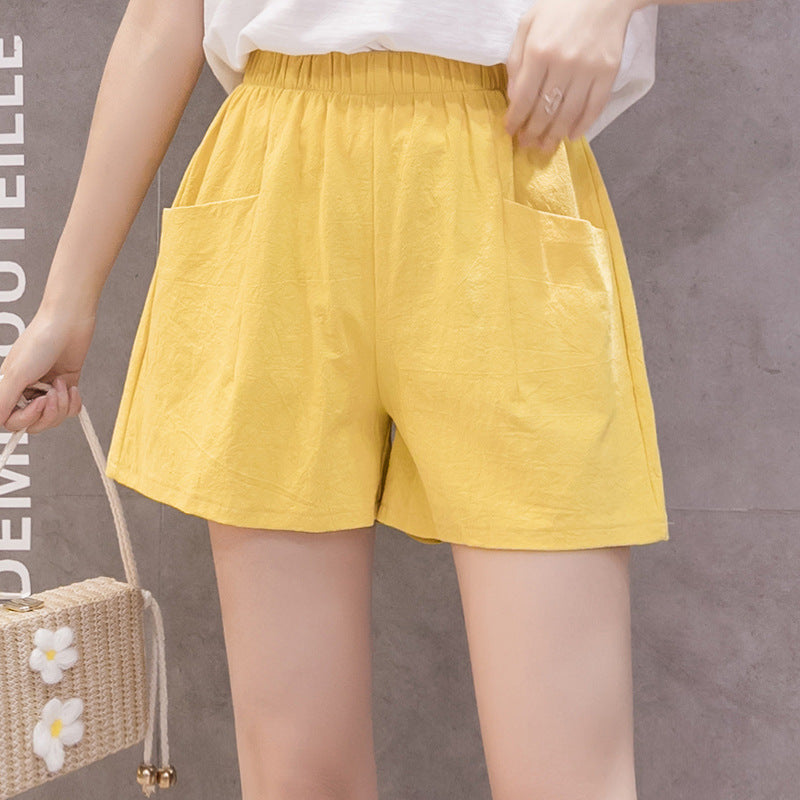Women Fashion Casual Solid Color Cotton Linen High Waist Shorts