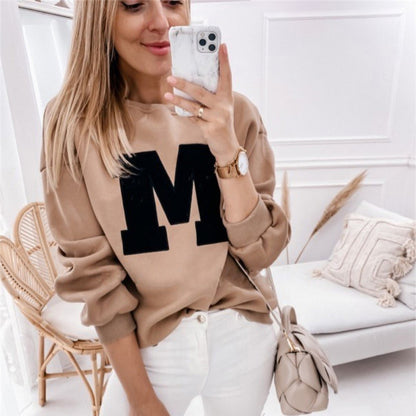 Sudadera informal de otoño para mujer, de manga larga, con estampado de letras y cuello redondo