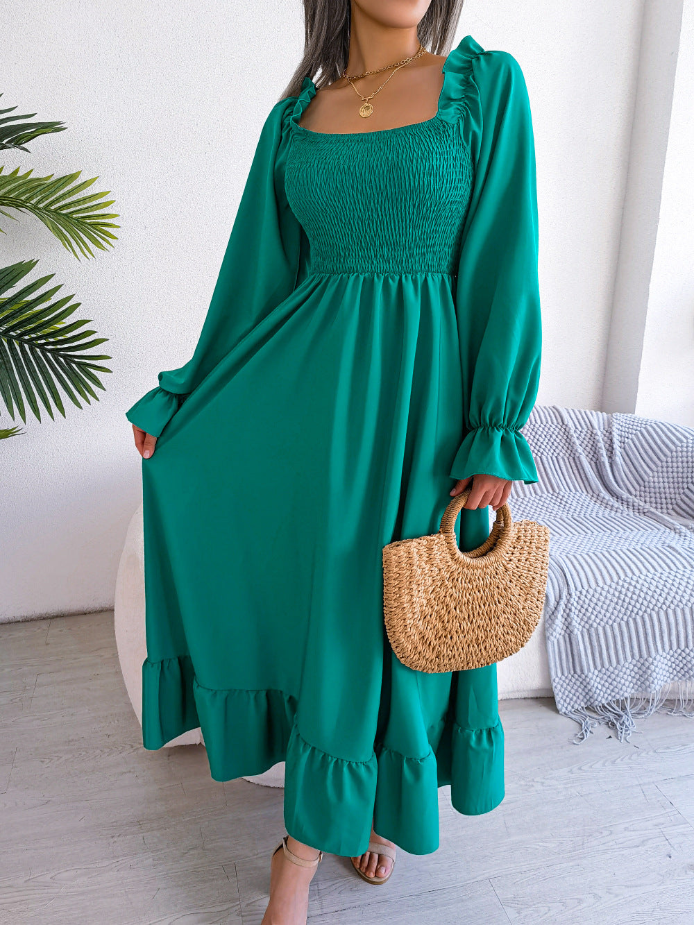 Women Fashion Casual Square Collar Large Ruffled Maxi Dress