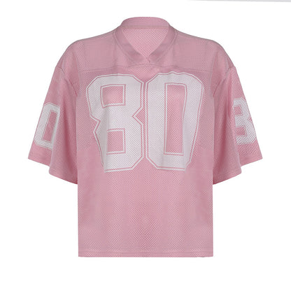 Camiseta de jersey de manga corta con cuello en V y estampado digital holgado informal para mujer