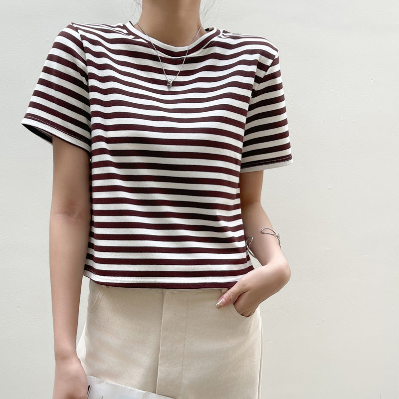 Camiseta informal de verano para mujer, con rayas, cuello redondo y manga corta