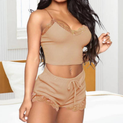 Conjunto de pijama informal con top corto y pantalones cortos sin mangas de encaje con parches para mujer