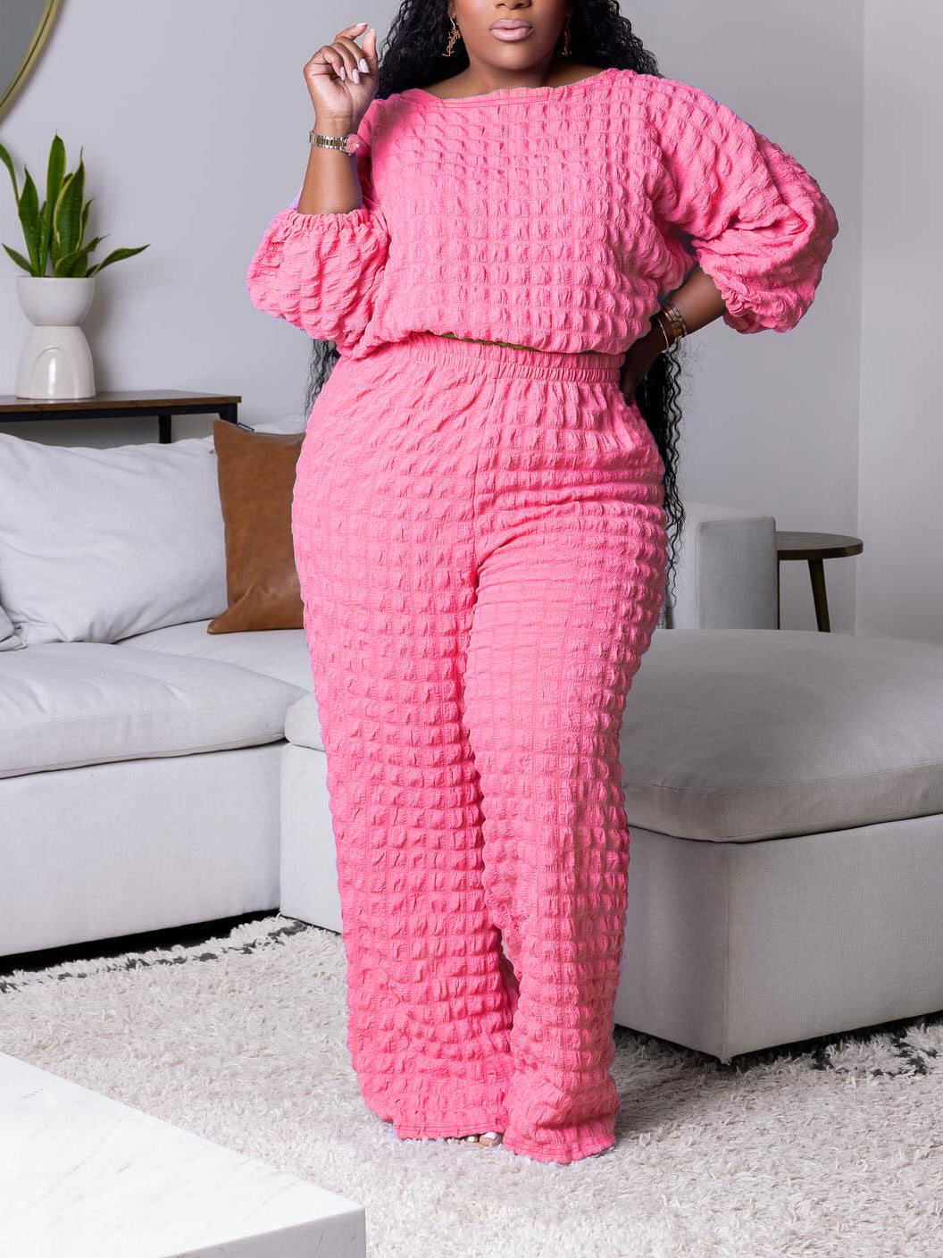 Conjunto de dos piezas informal de manga larga con cuello redondo y pantalones holgados para mujer, talla grande
